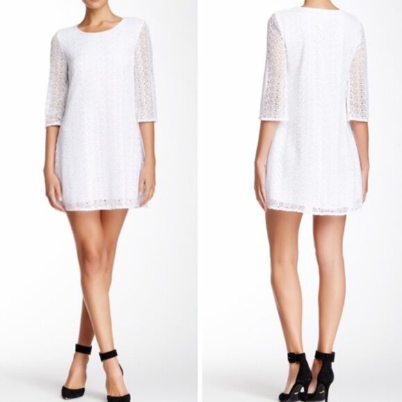 Diane von Furstenberg Martina White Lace 3/4 Sleeve Shift Mini Dress Size 0 Diane von Furstenberg Martina White Lace 3/4 Sleeve Shift Mini Dress Size 0